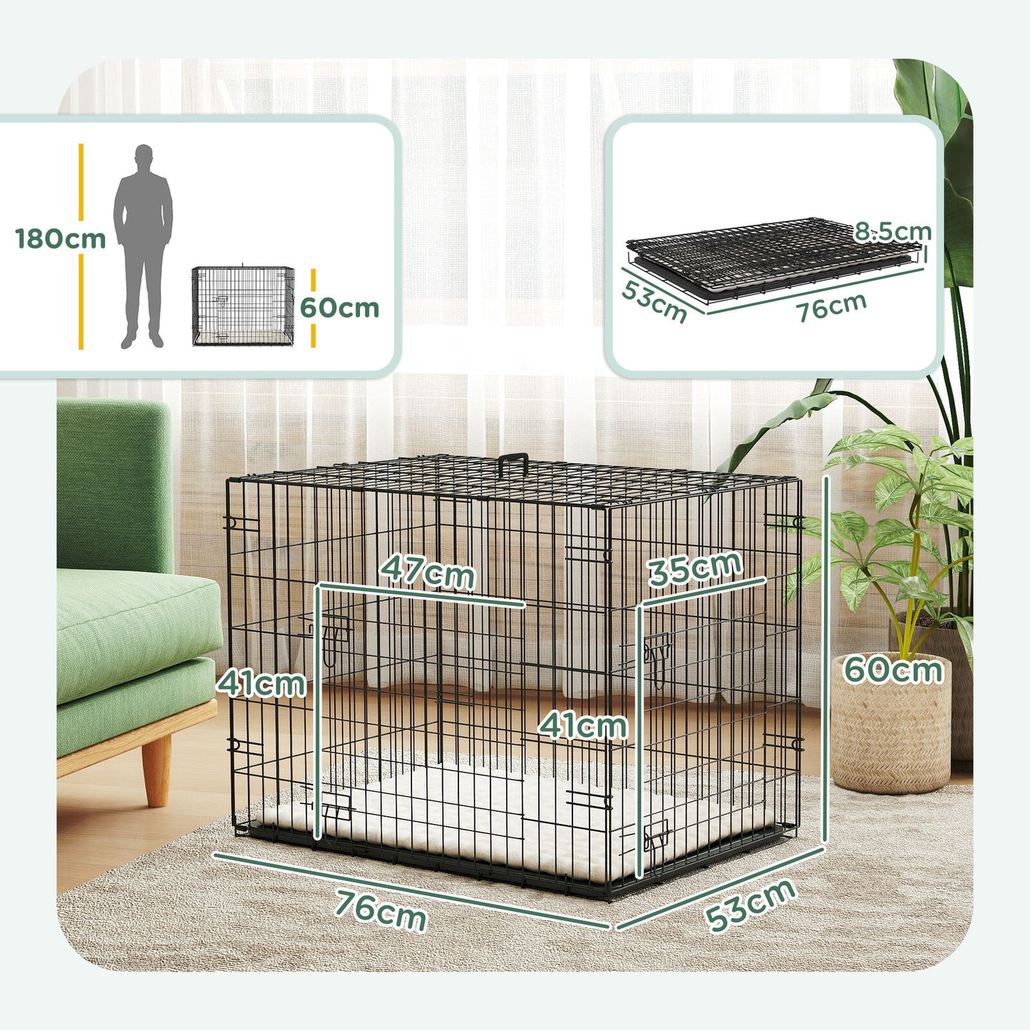 Pawhut Dog Crate with 2 Doors, Tray, Soft Cushion, for Small Dogs