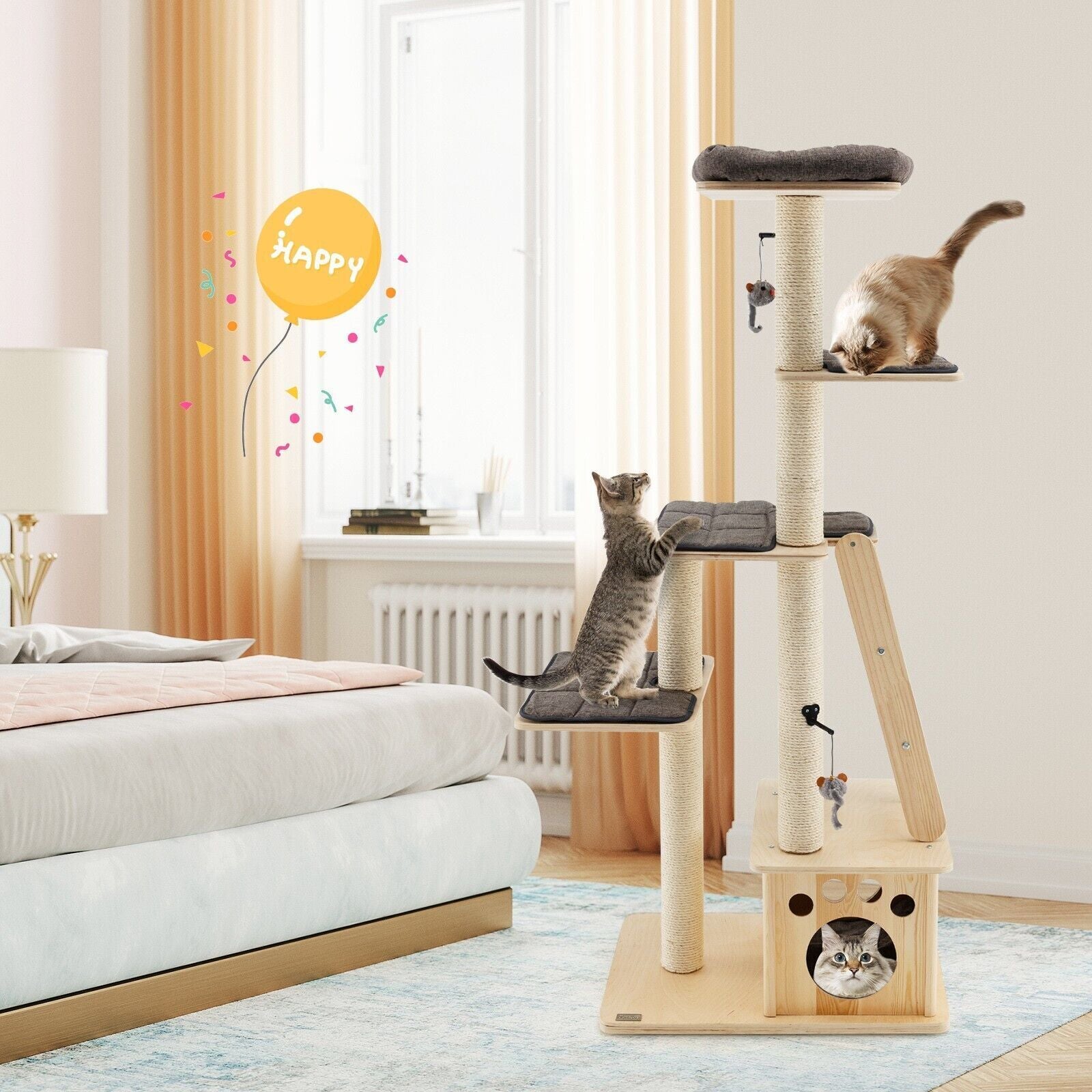 Wooden Cat Tower Modern Cat Tree Tower Multi-Level Cat Play Scratching Posts