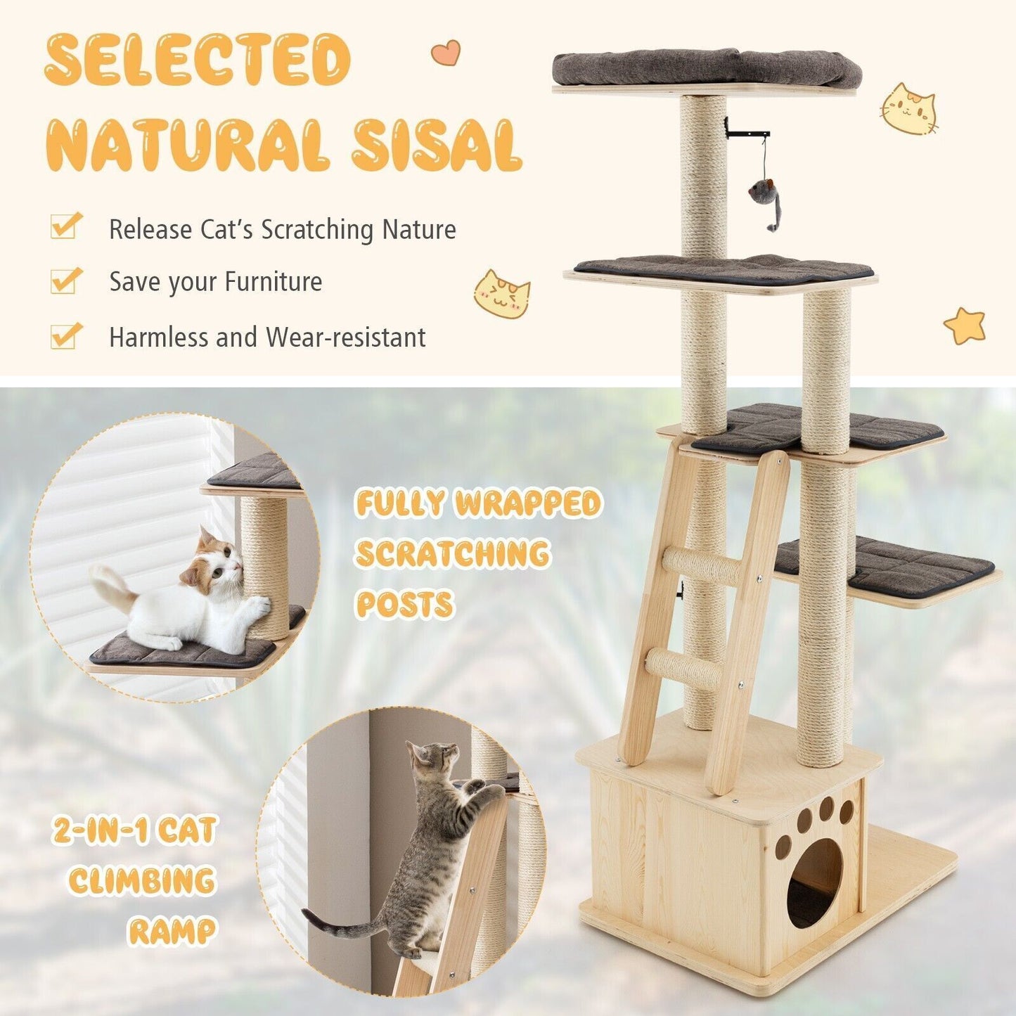 Wooden Cat Tower Modern Cat Tree Tower Multi-Level Cat Play Scratching Posts