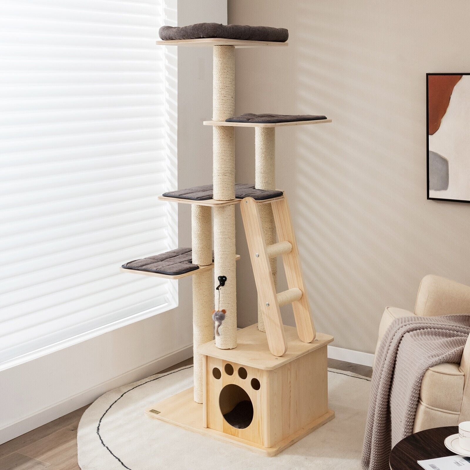 Wooden Cat Tower Modern Cat Tree Tower Multi-Level Cat Play Scratching Posts