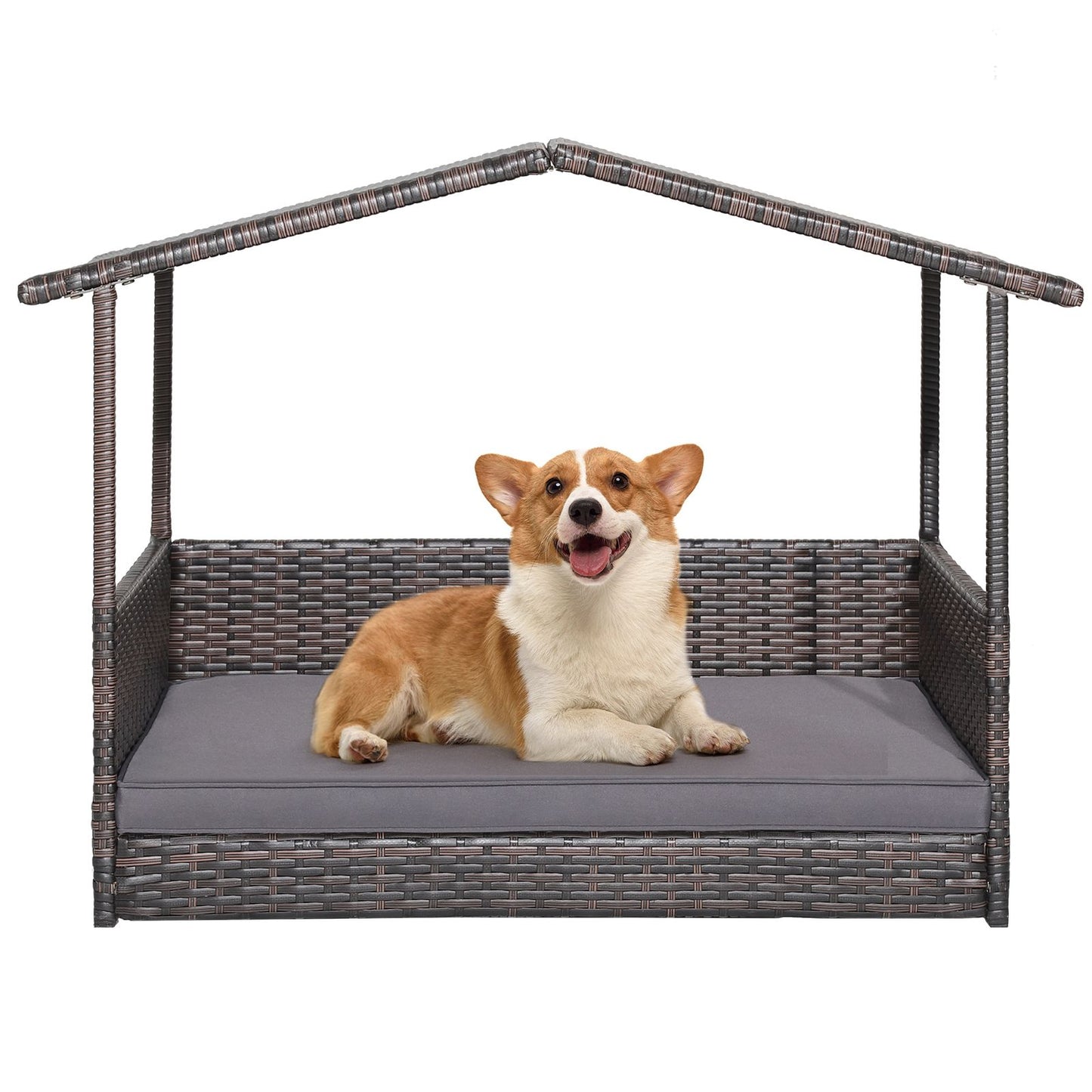 Wicker Dog House with Roof and Removable Cushion for Living Room Yard