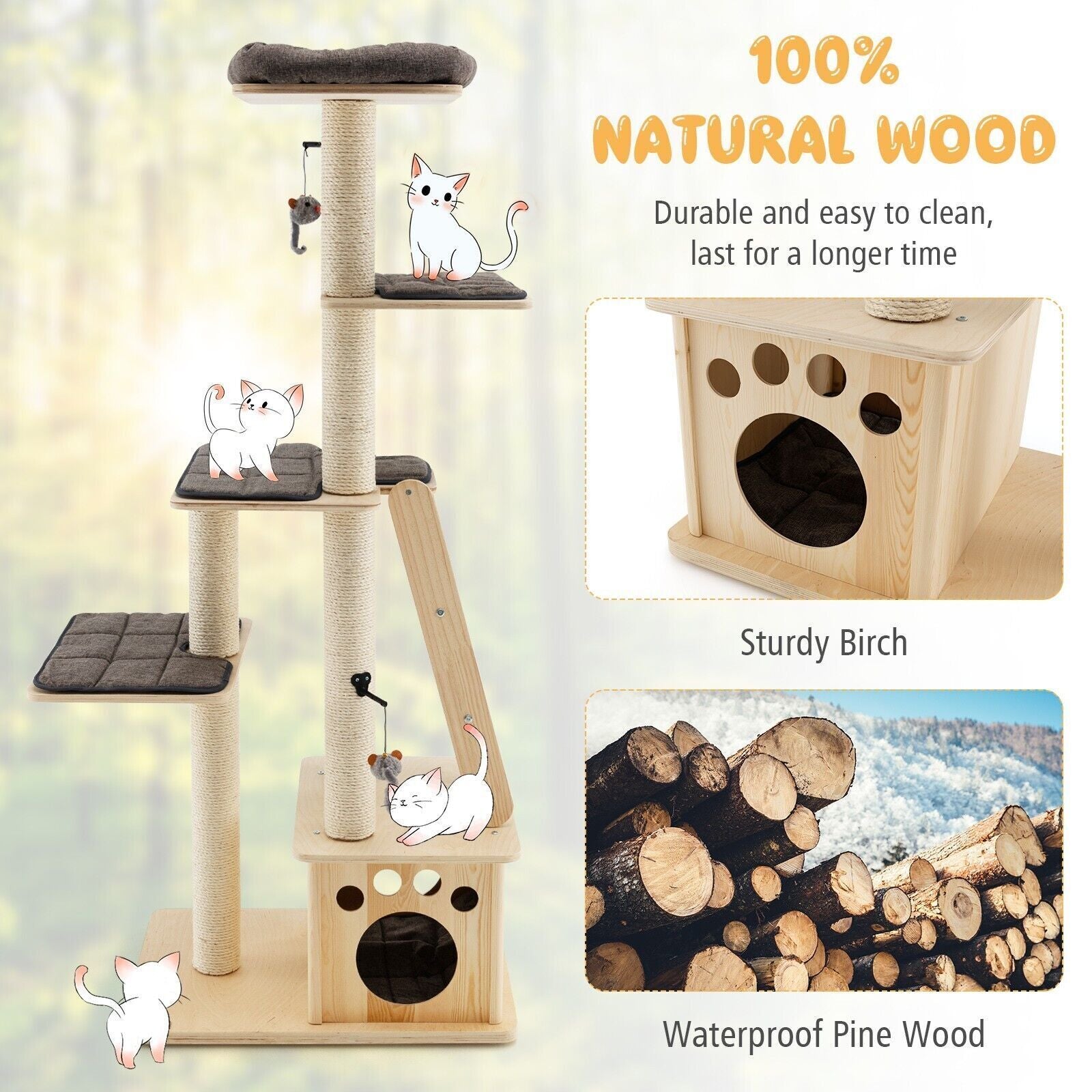 Wooden Cat Tower Modern Cat Tree Tower Multi-Level Cat Play Scratching Posts