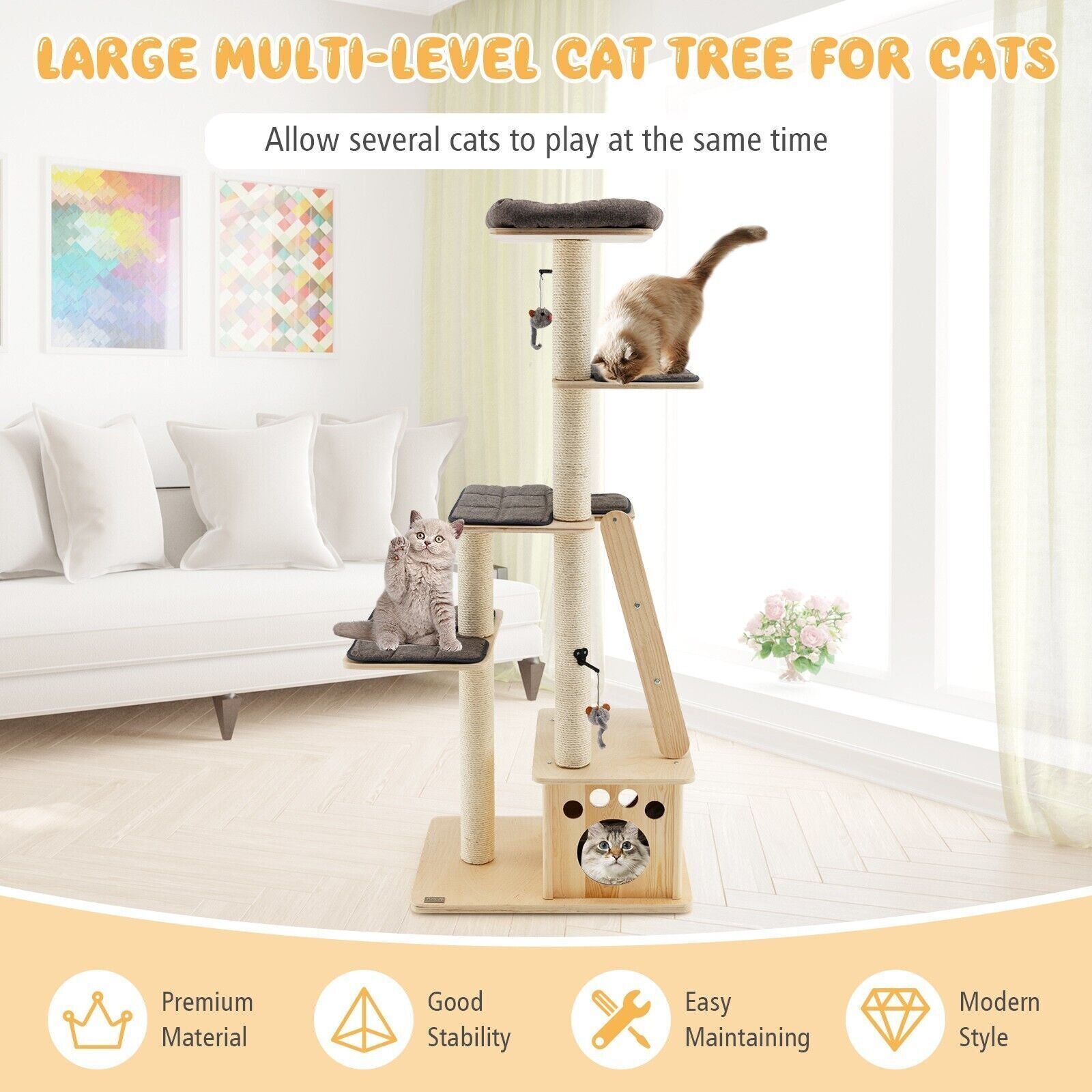 Wooden Cat Tower Modern Cat Tree Tower Multi-Level Cat Play Scratching Posts