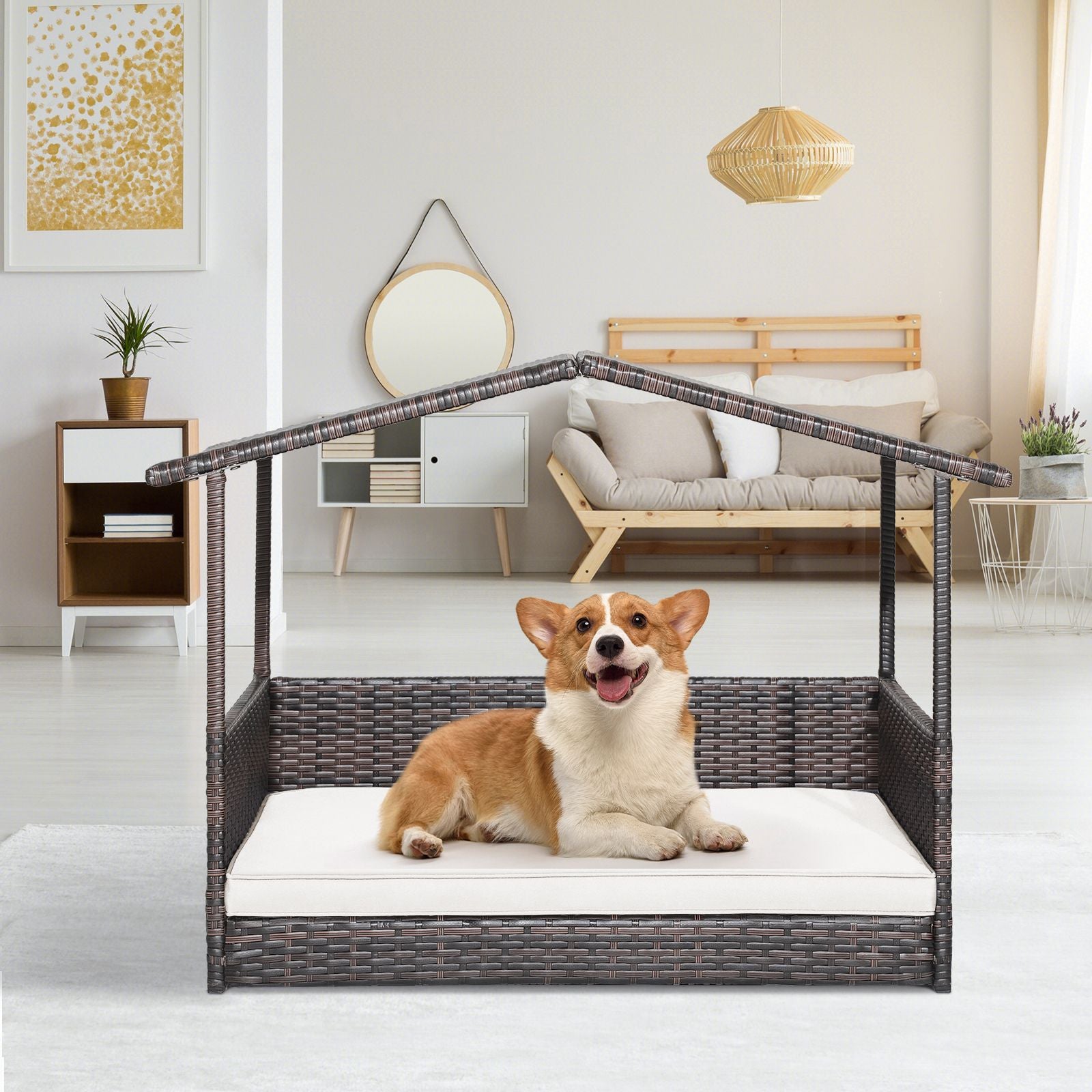 Wicker Dog House with Roof and Removable Cushion for Living Room Yard