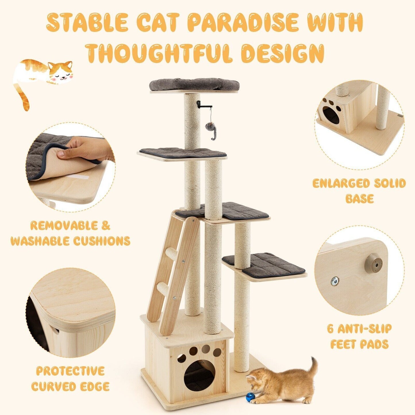 Wooden Cat Tower Modern Cat Tree Tower Multi-Level Cat Play Scratching Posts