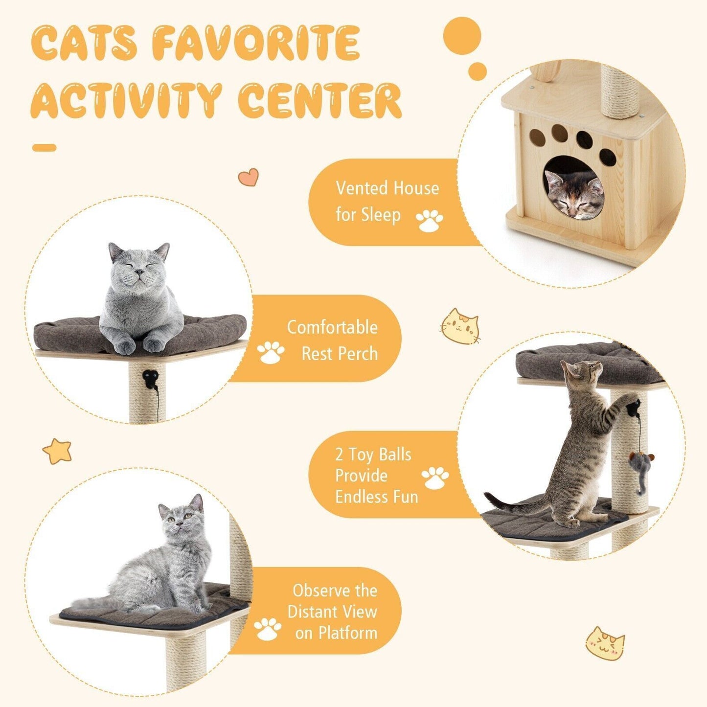 Wooden Cat Tower Modern Cat Tree Tower Multi-Level Cat Play Scratching Posts