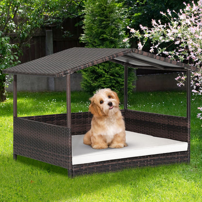 Wicker Dog House with Roof and Removable Cushion for Living Room Yard