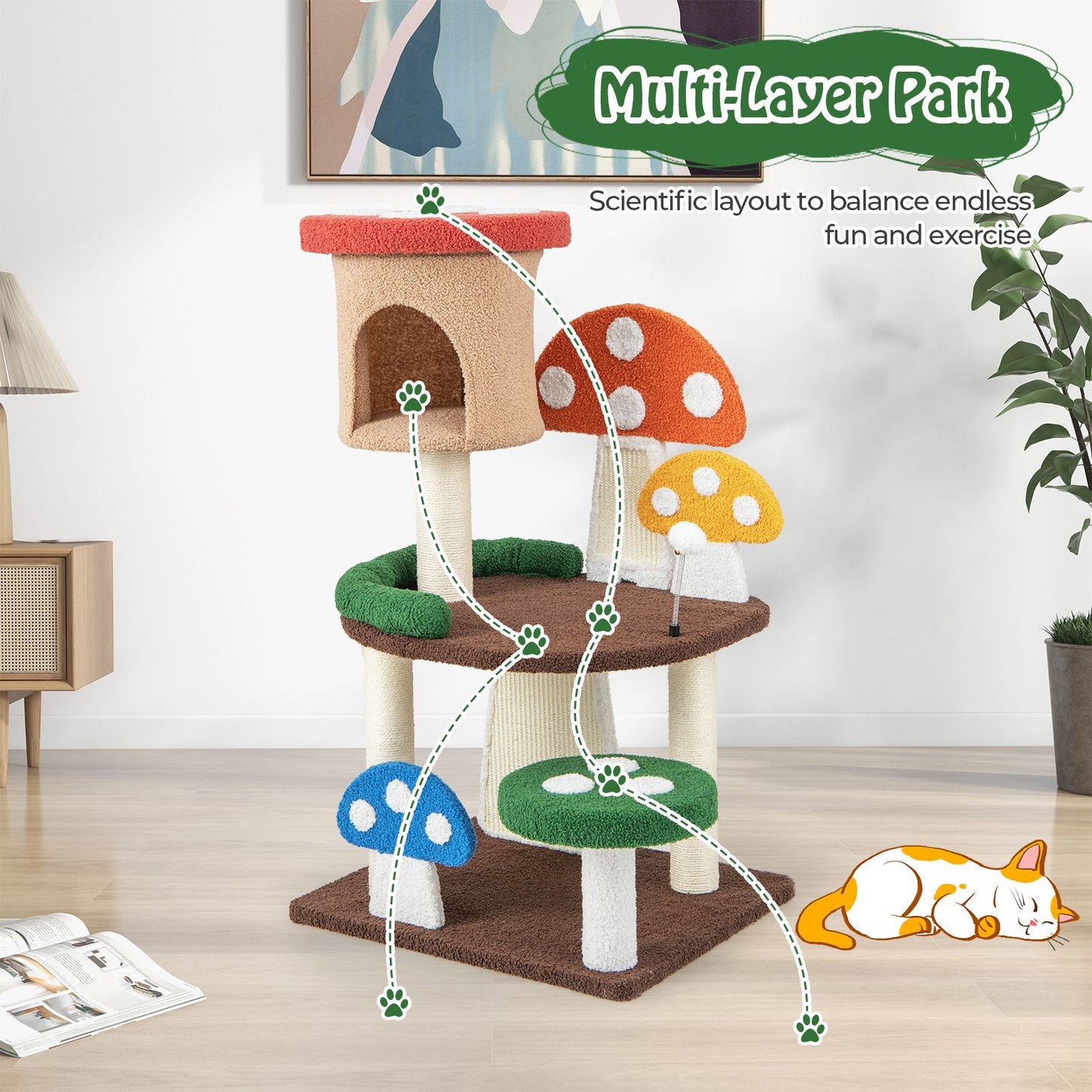 102 Cm Mushroom Cat Tree Tower with Natural Sisal Posts